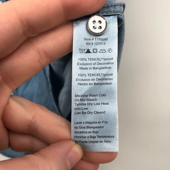 JACH'S GIRLFRIEND Quinn Chambray Denim Shirt Cap Sleeve Tencel Lyocell Women L - Picture 5 of 7